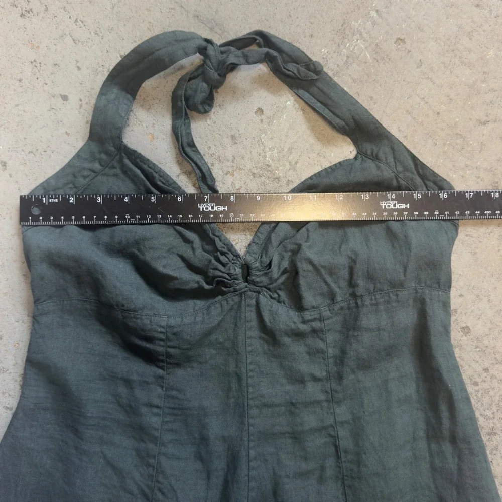 120% Lino Dark Green 100% Linen Halter Midi Dress Made in Italy Ruched V-Neck